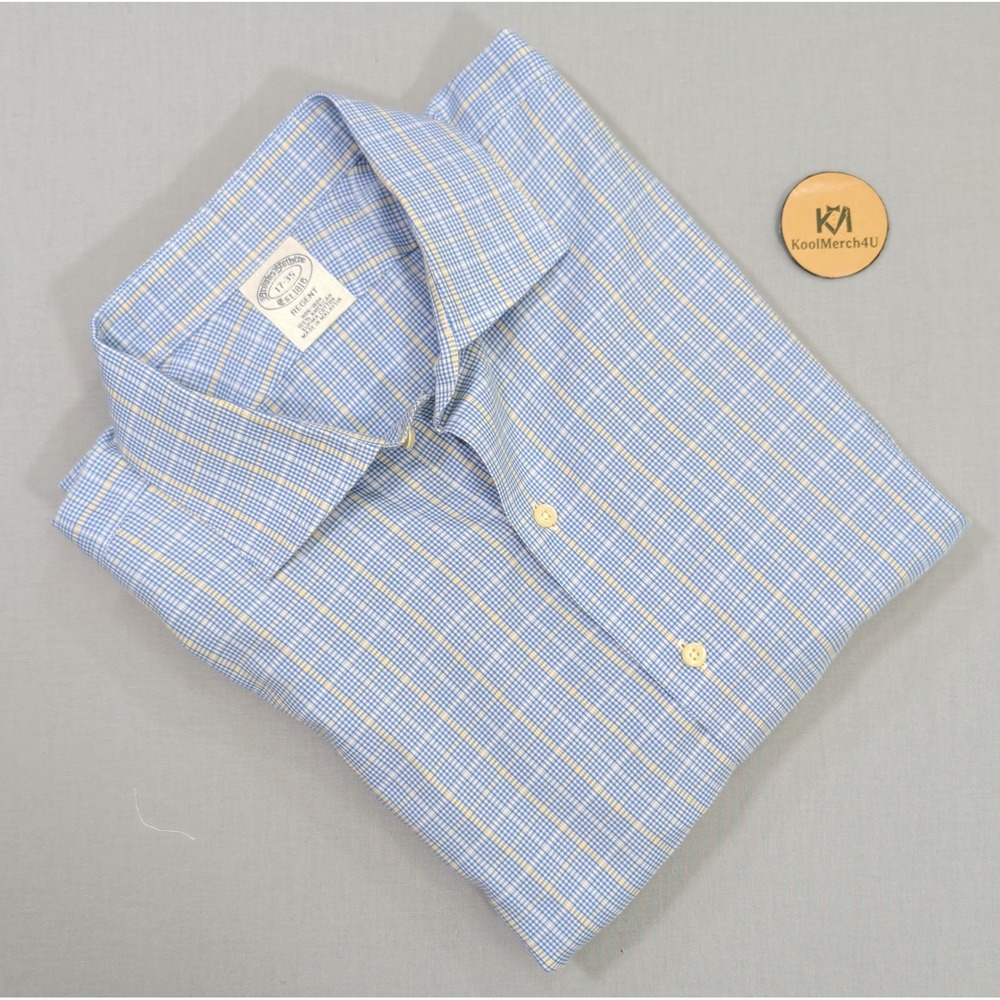 Brooks Brothers Mens Regent Fit 17-35 Blue Yellow Check Non-Iron Supima Cotton